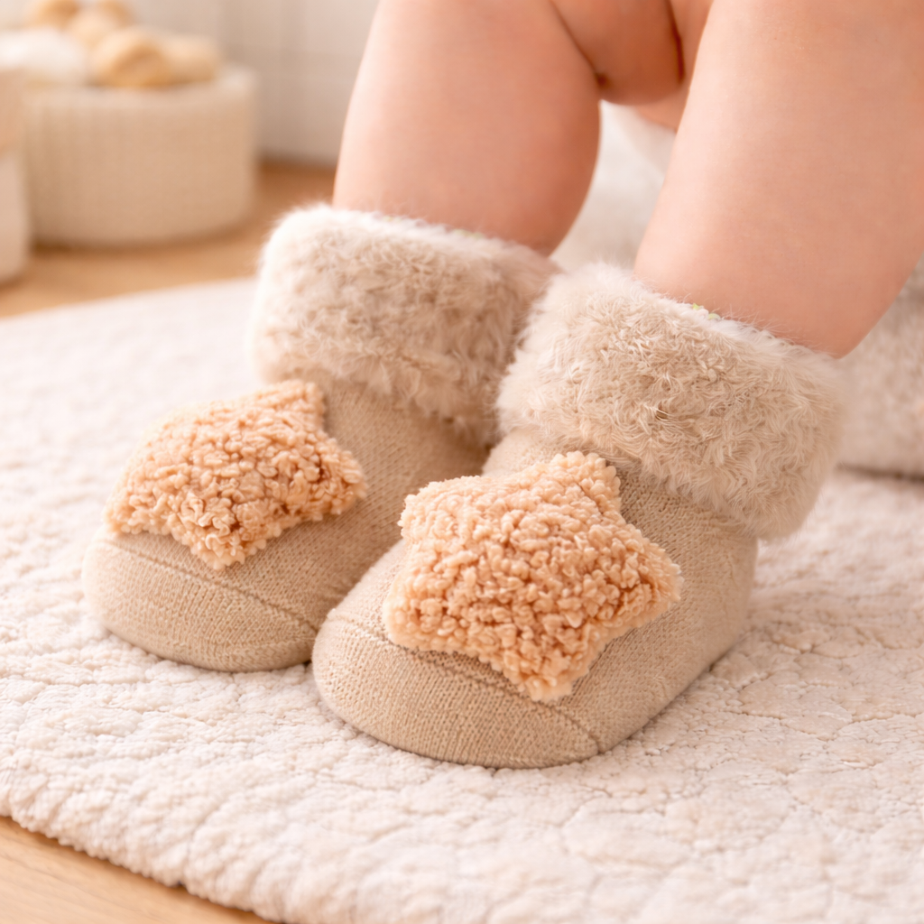 Fluffy 3D Star Non-Slip Baby Winter Socks – Soft Warm Floor Socks for Toddlers (0–3 Years)