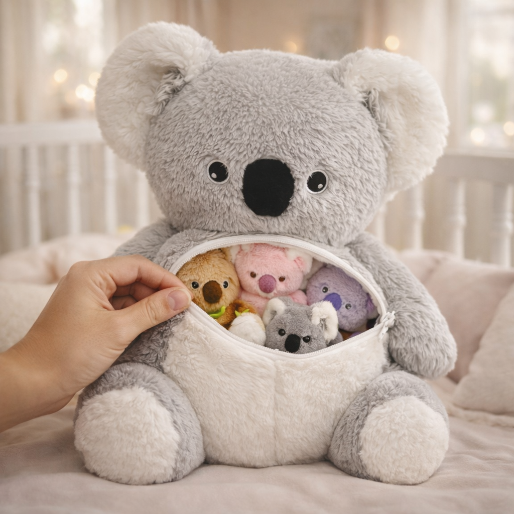 Mama Koala Plush Toy with 4 Hidden Baby Koalas – 12” Soft Surprise Zipper Stuffed Animal Gift for Kids