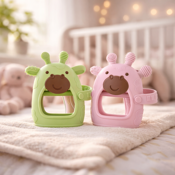 2-Piece Giraffe Wrist Baby Teether Set – Adjustable Silicone Teething Toy (Green & Pink) | BPA-Free | Hands-Free Design