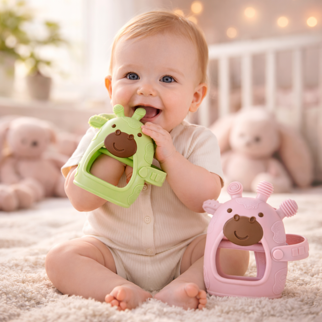 2-Piece Giraffe Wrist Baby Teether Set – Adjustable Silicone Teething Toy (Green & Pink) | BPA-Free | Hands-Free Design