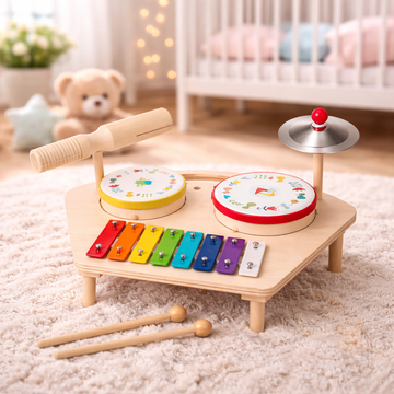 7-in-1 Wooden Montessori Toddler Drum Set – Kids Musical Instrument Toy with Xylophone, Cymbal & Drums (Ages 1-3 Years)
