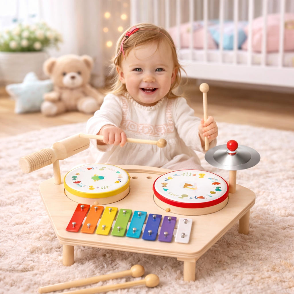 7-in-1 Wooden Montessori Toddler Drum Set – Kids Musical Instrument Toy with Xylophone, Cymbal & Drums (Ages 1-3 Years)