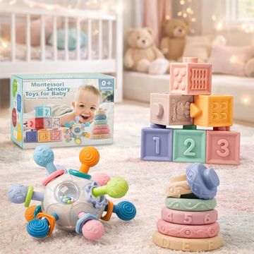 Montessori Baby Sensory Teething Toy Set – Soft Blocks, Stacking Rings & Rattle Ball (0–12 Months)