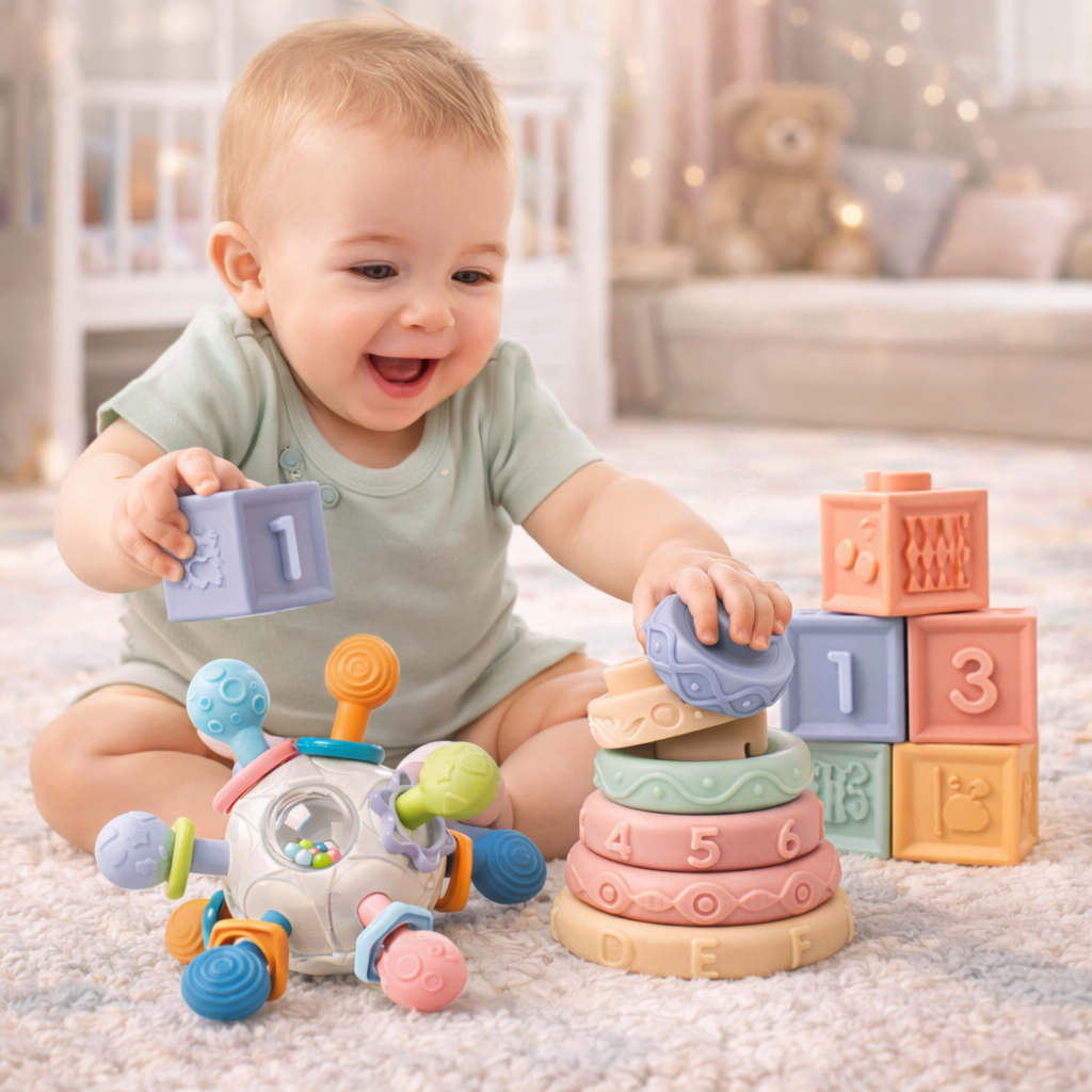Montessori Baby Sensory Teething Toy Set – Soft Blocks, Stacking Rings & Rattle Ball (0–12 Months)