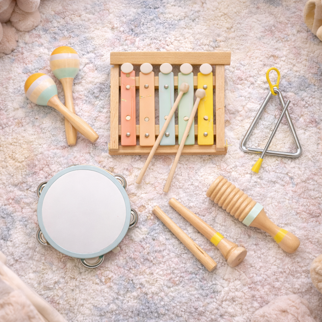 Montessori Wooden Baby Musical Instrument Set – Xylophone, Tambourine, Maracas & Percussion Toys (Ages 1–3)