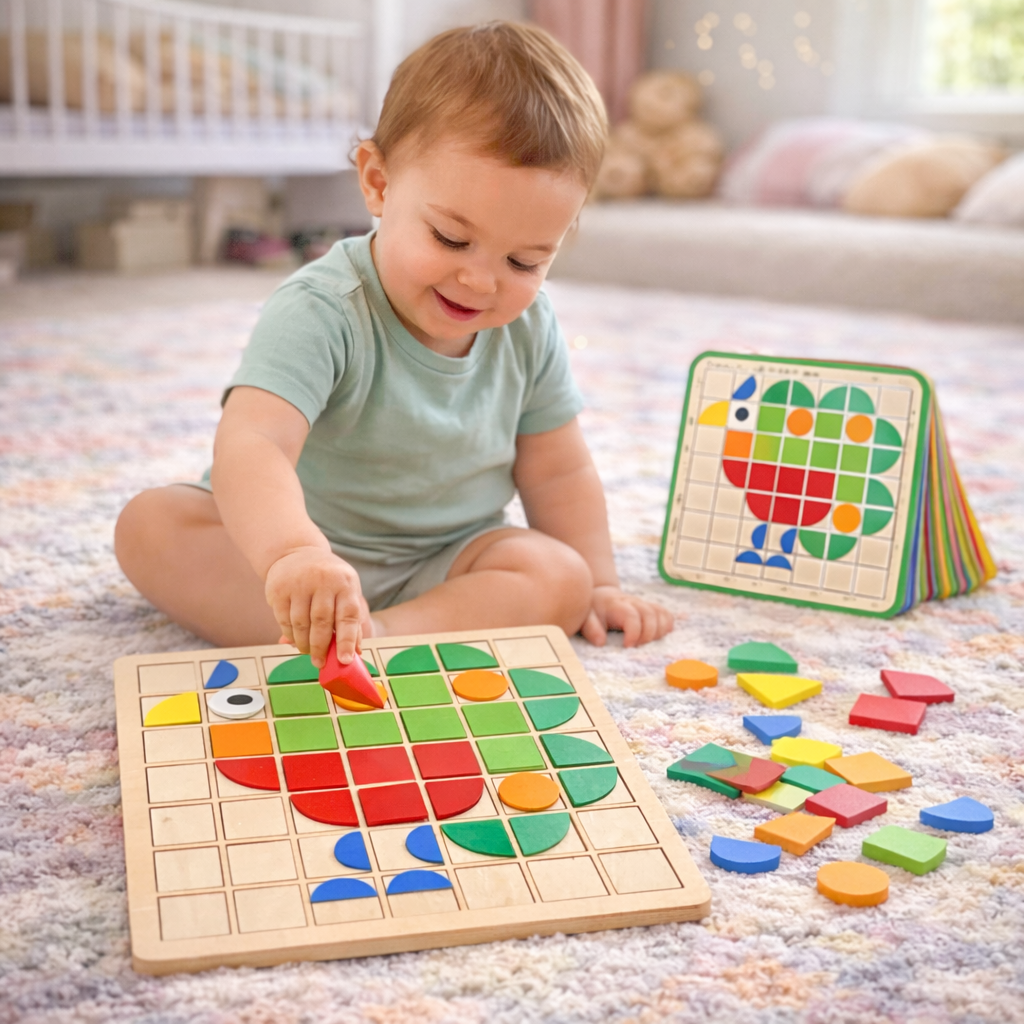 Montessori Tangram Puzzle Board – 120 PCS Wooden Geometric Learning Toy with Pattern Cards (Ages 3+)