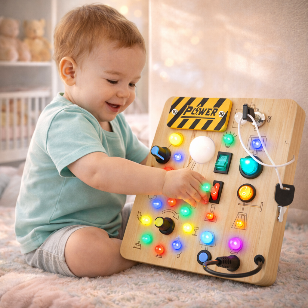 Montessori LED Busy Board for Toddlers – Wooden Sensory Switch Toy with Light-Up Buttons | Fine Motor Skills Learning Toy (1-4 Years)