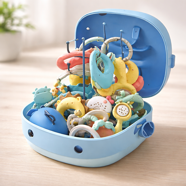 13-Piece Silicone Baby Teething Rattle Set with Whale Storage Box – BPA-Free Sensory Teether Toys for Infants (0–12 Months)