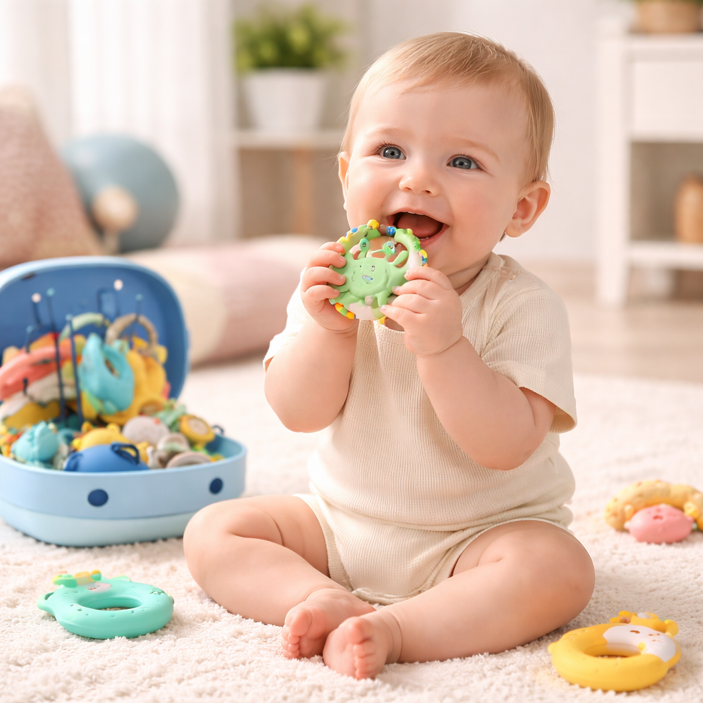 13-Piece Silicone Baby Teething Rattle Set with Whale Storage Box – BPA-Free Sensory Teether Toys for Infants (0–12 Months)