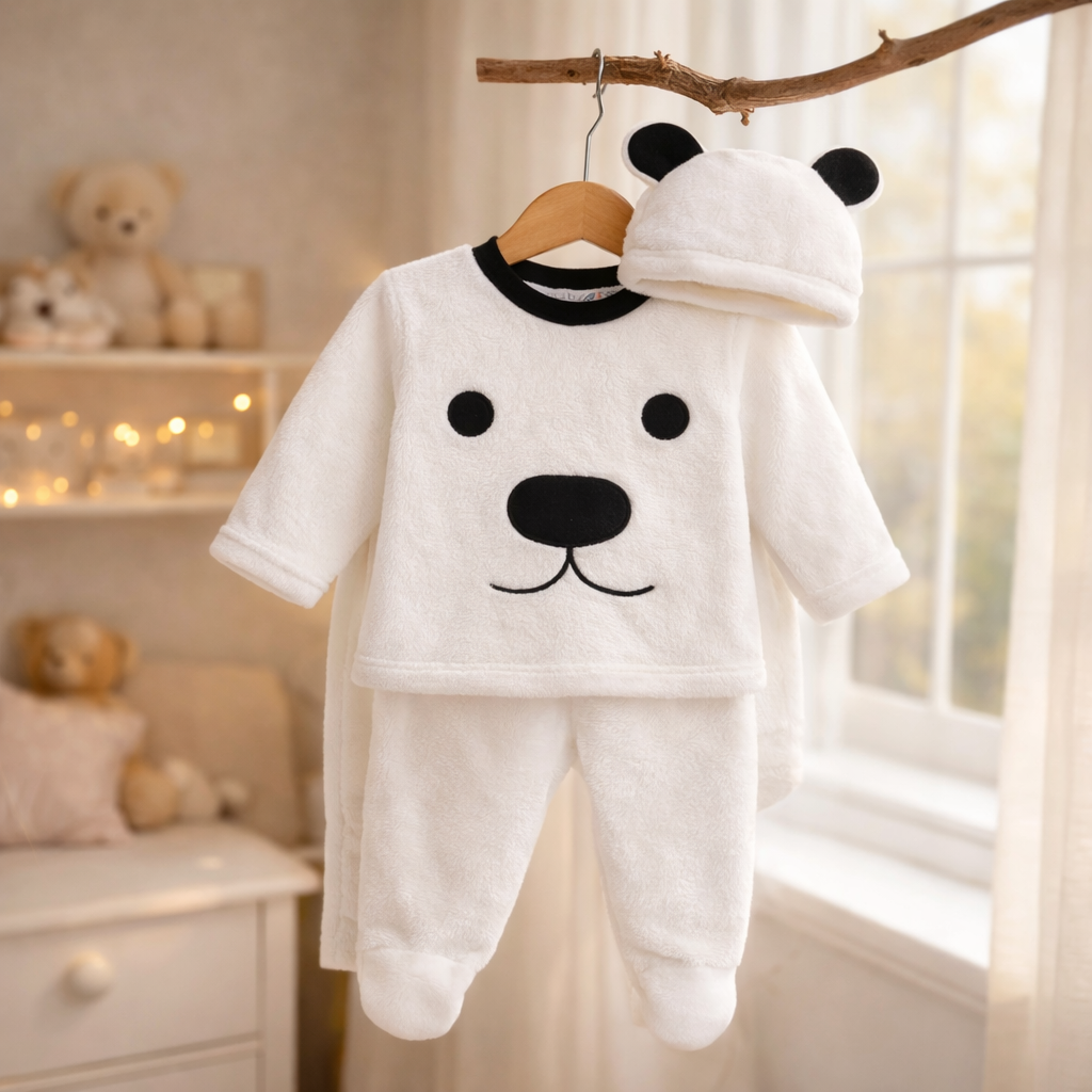 Premium Baby Fleece Bear Romper Set with Hood & Hat – Winter Warm Newborn Outfit (0–24 Months)