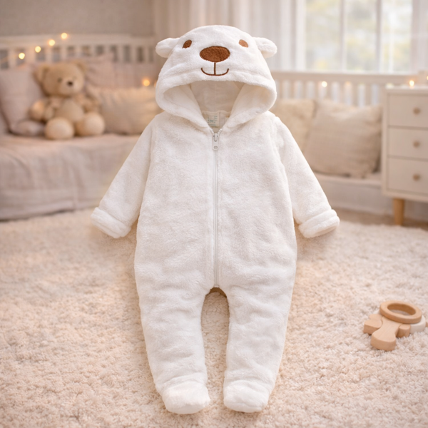 Luxury Baby Velvet Hooded Bear Jumpsuit – Winter Warm Plush Romper (0–12 Months)