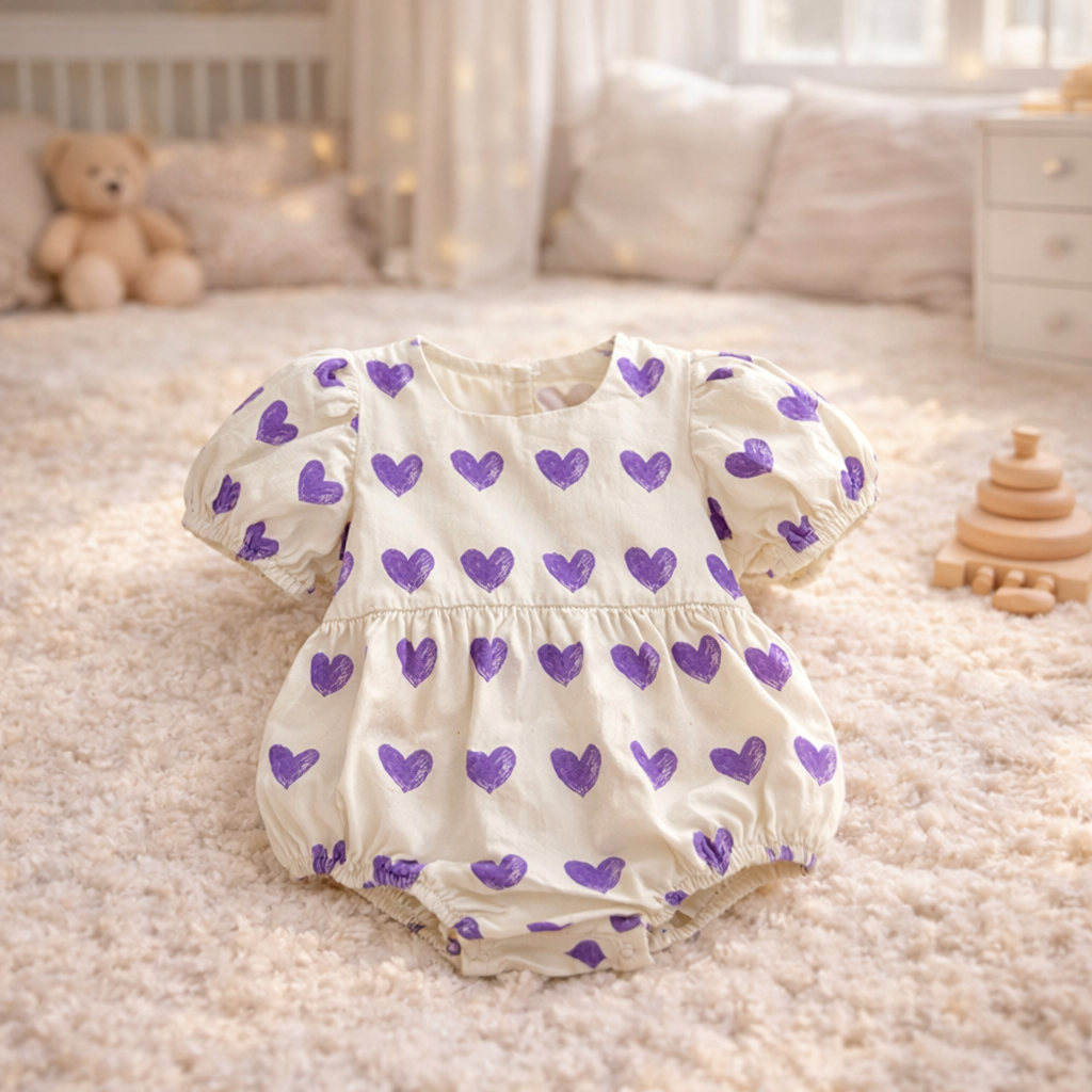 Korean Style Baby Girl Heart Romper – Summer Cotton Puff Sleeve Onesie (66–90cm)