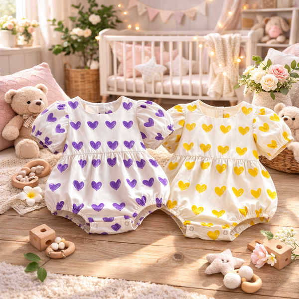 Korean Style Baby Girl Heart Romper – Summer Cotton Puff Sleeve Onesie (66–90cm)