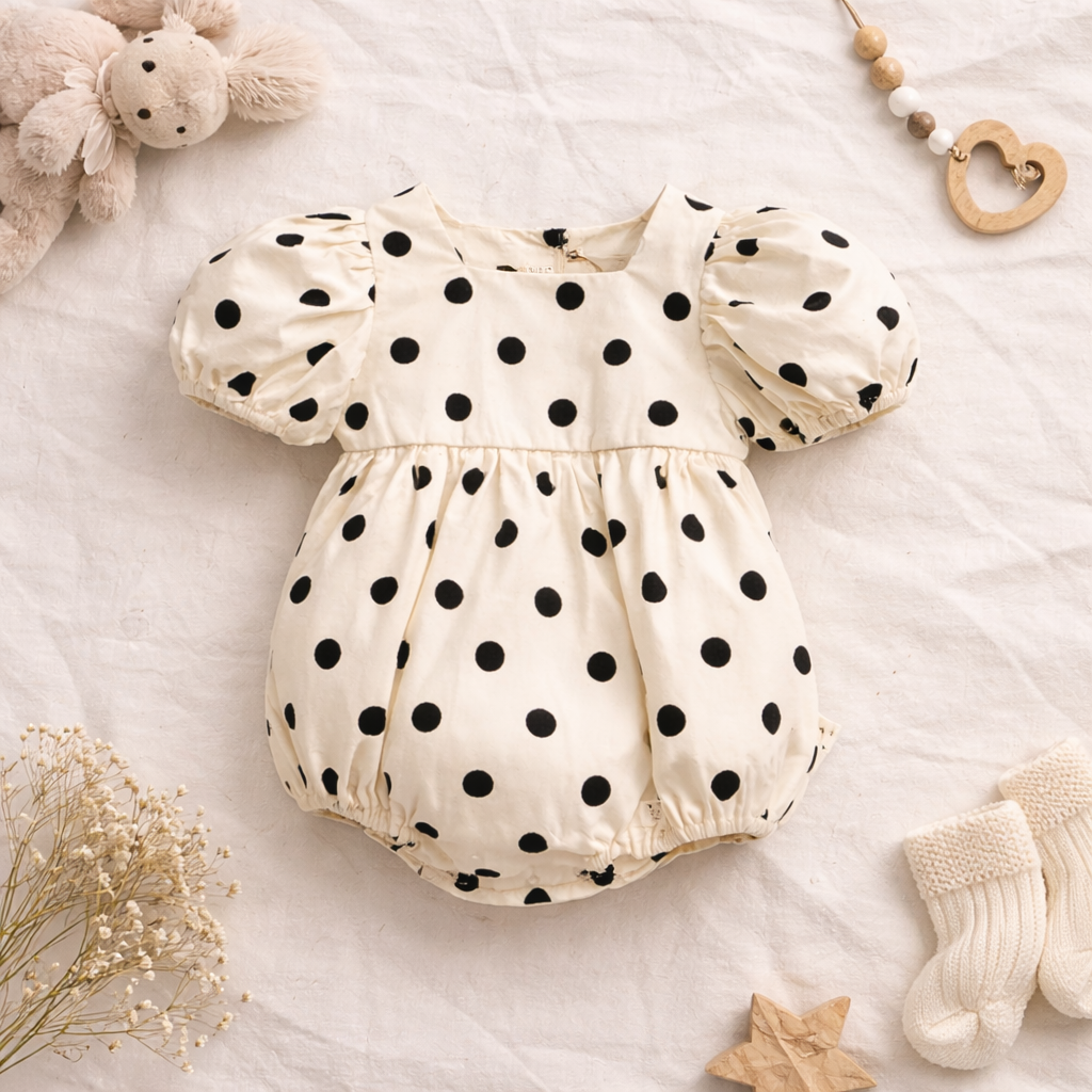 Polka Dot Princess Baby Romper – Puff Sleeve Summer Cotton Bodysuit