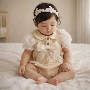 Ruffled Cotton Princess Romper for Baby Girls – Beige Bow Outfit
