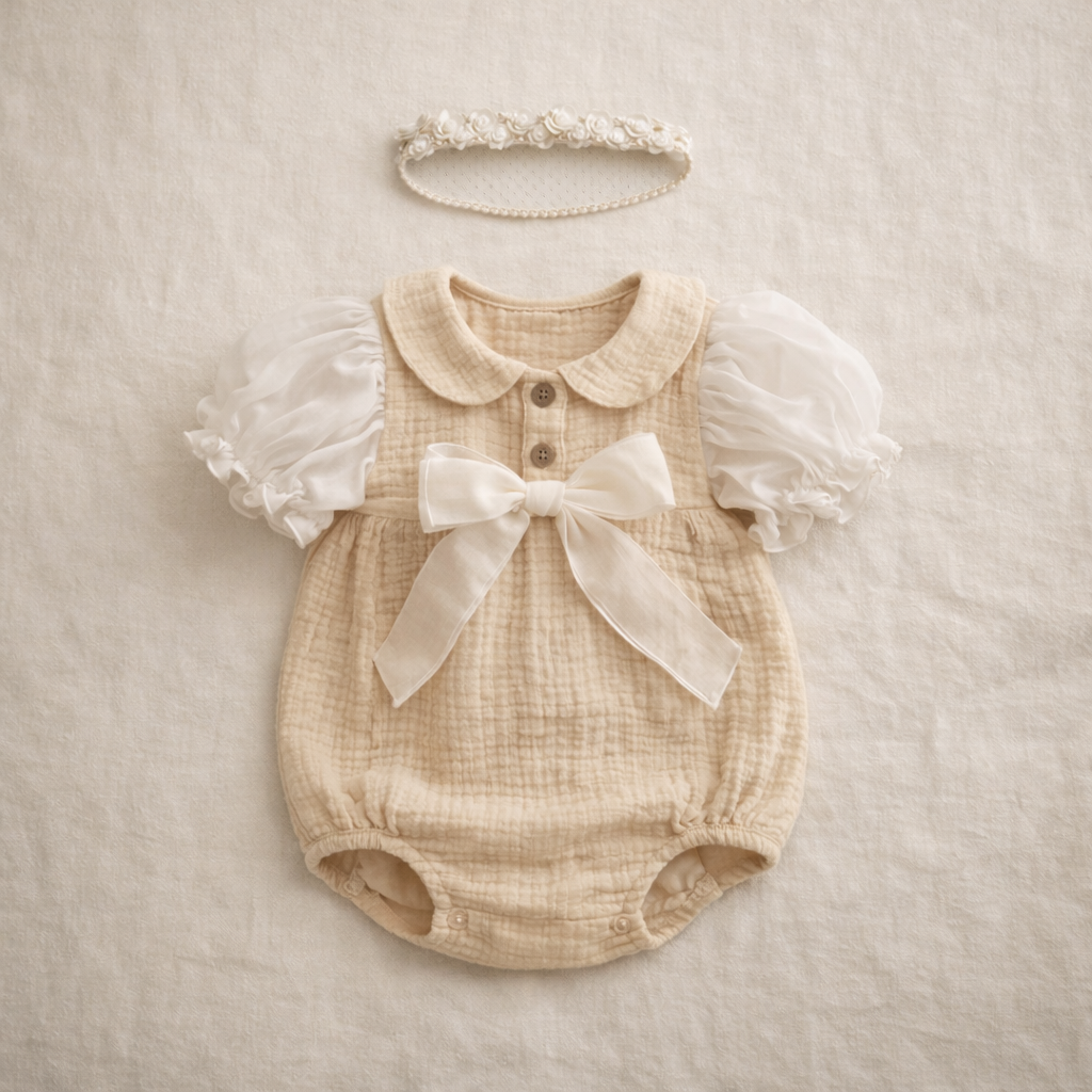 Ruffled Cotton Princess Romper for Baby Girls – Beige Bow Outfit