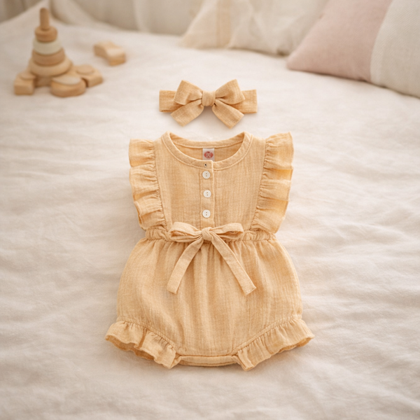 Apricot Ruffled Sleeveless Baby Girl Romper with Bow Headband – Cotton Linen (3–6 Months)