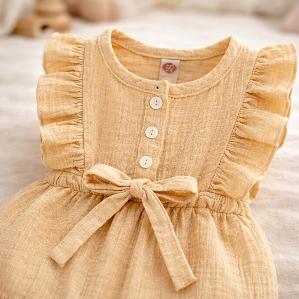 Apricot Ruffled Sleeveless Baby Girl Romper with Bow Headband – Cotton Linen (3–6 Months)