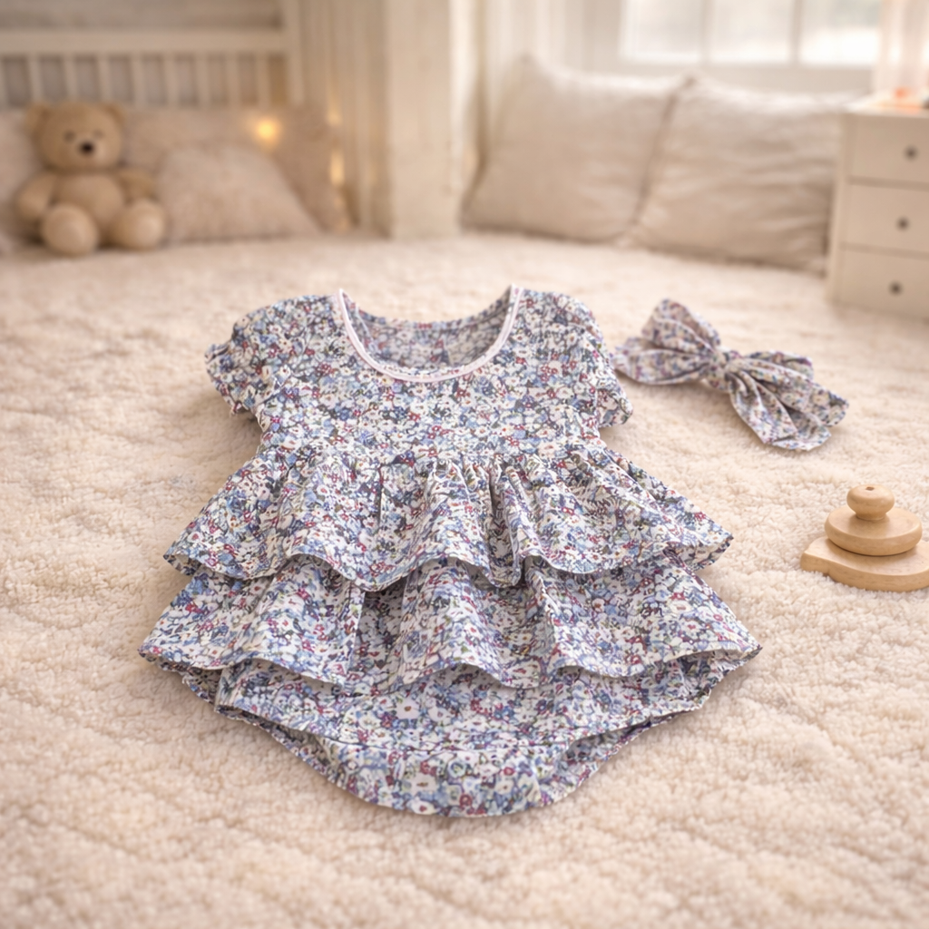 Summer Baby Girl Floral Romper Dress with Headband – Cotton Ruffle Infant Outfit (0–24 Months)