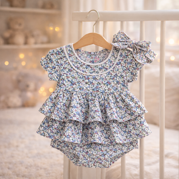 Summer Baby Girl Floral Romper Dress with Headband – Cotton Ruffle Infant Outfit (0–24 Months)