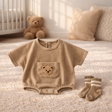 Summer Baby Waffle Cotton Bat Sleeve Romper with Teddy Pocket – Beige & Khaki
