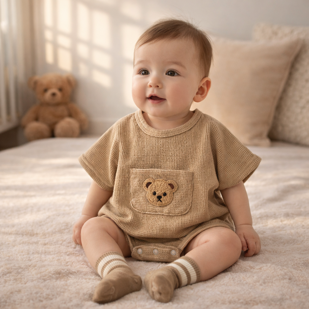 Summer Baby Waffle Cotton Bat Sleeve Romper with Teddy Pocket – Beige & Khaki