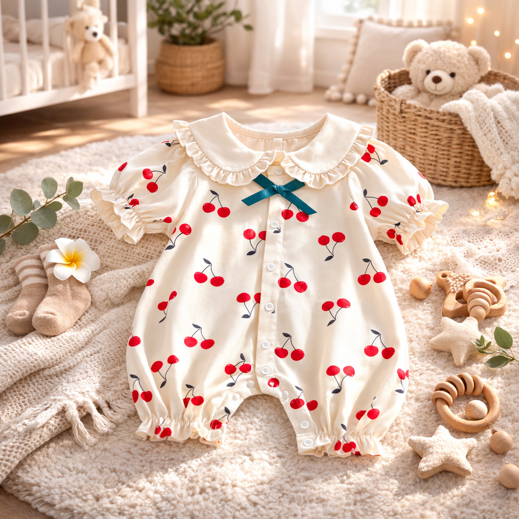 Cherry Print Baby Girl Romper with Peter Pan Collar – Soft Cotton Summer One Piece (Apricot & Pink)