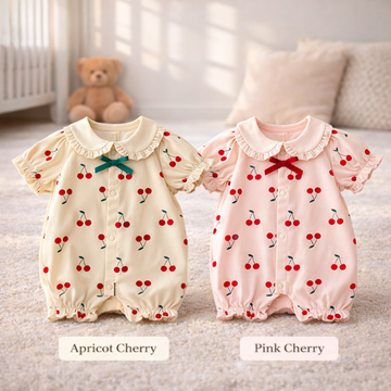 Cherry Print Baby Girl Romper with Peter Pan Collar – Soft Cotton Summer One Piece (Apricot & Pink)