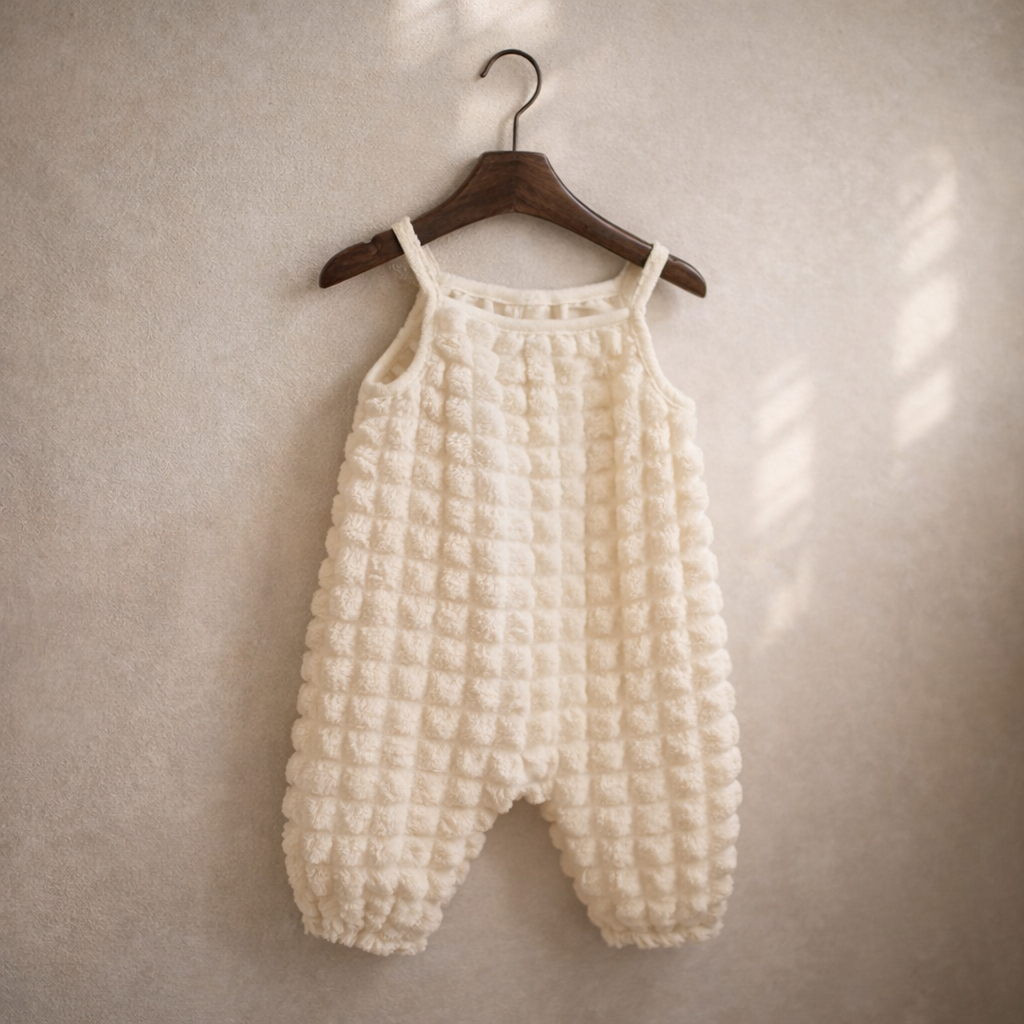 Beige Textured Baby Romper with Straps – Soft Waffle Cotton One Piece (0–9 Months)