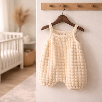 Beige Textured Baby Romper with Straps – Soft Waffle Cotton One Piece (0–9 Months)