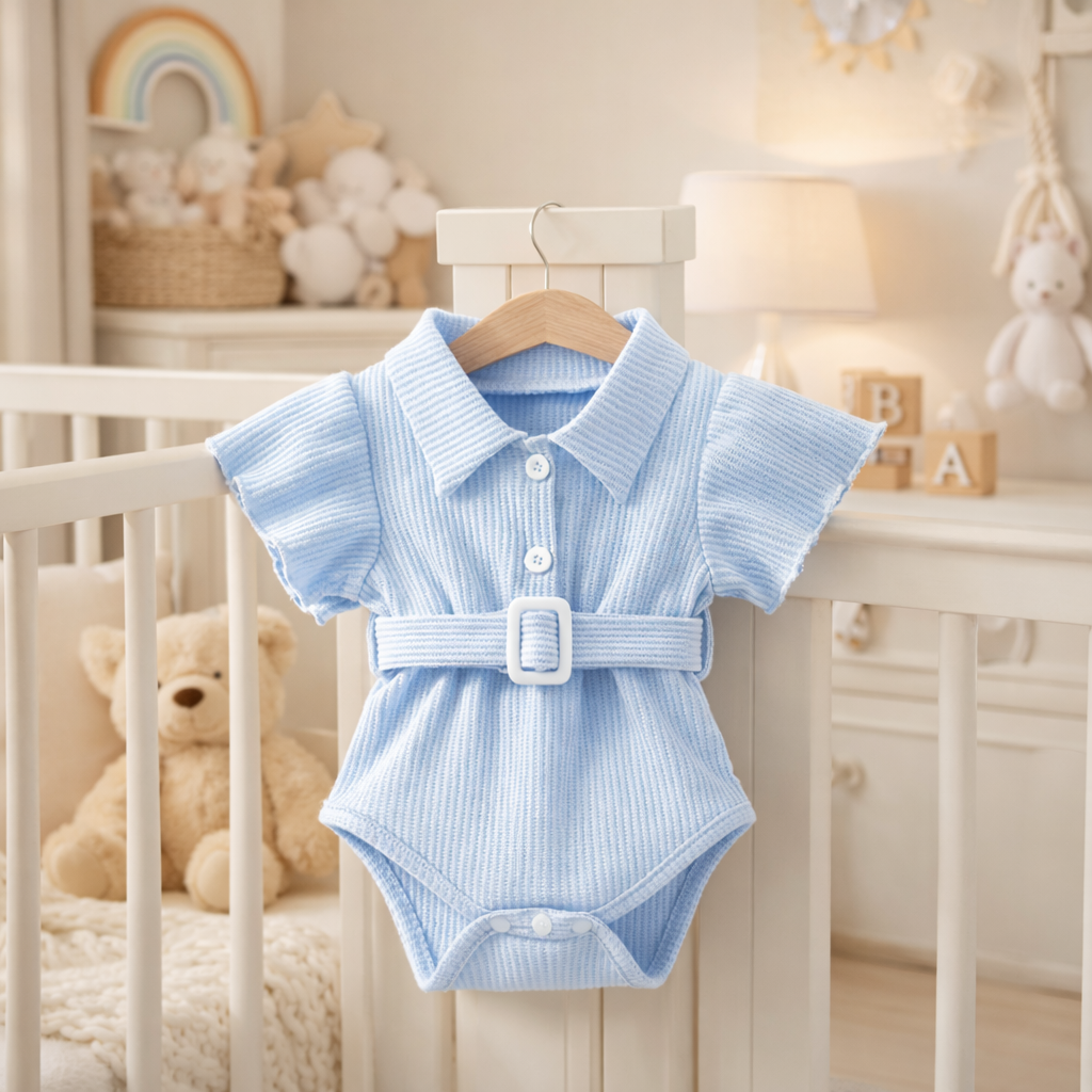 Baby Belted Ribbed Romper with Collar – Soft Cotton One Piece (Light Blue, Pink & Green)
