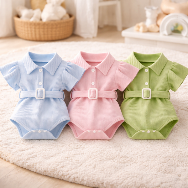 Baby Belted Ribbed Romper with Collar – Soft Cotton One Piece (Light Blue, Pink & Green)