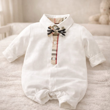 Dave Baby Formal Romper with Bow Tie – White Long Sleeve One Piece