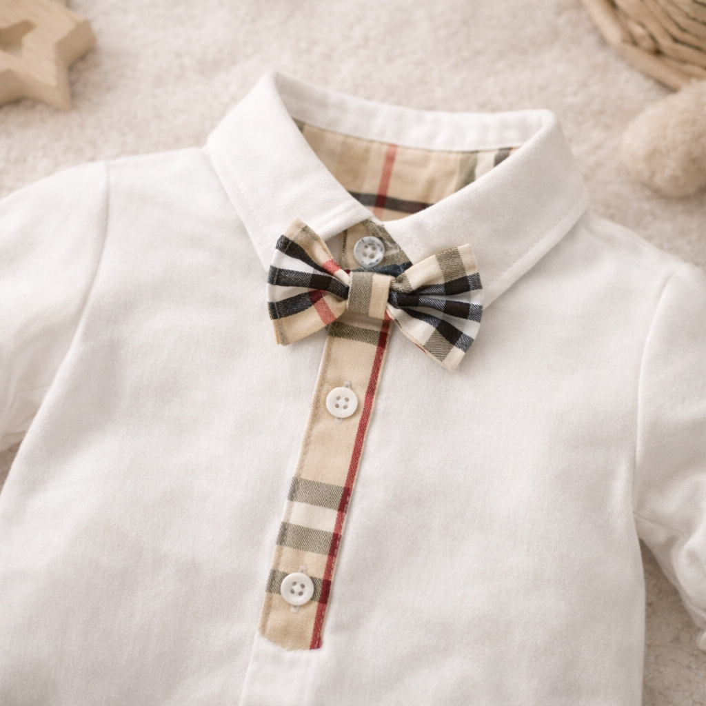 Dave Baby Formal Romper with Bow Tie – White Long Sleeve One Piece