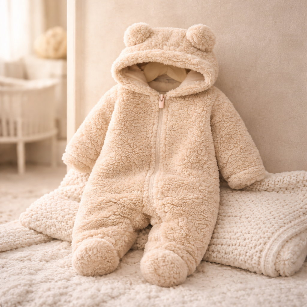 Baby Plush Bear Hood Winter Romper – Soft Teddy Fleece One-Piece Jumpsuit