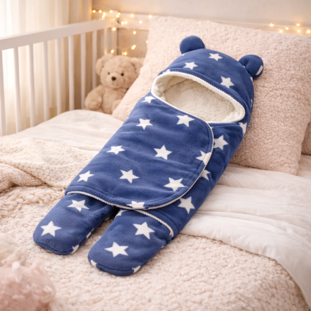 Luxury Newborn Fleece Swaddle Sleep Bag with Hood & Legs – Winter Baby Wrap Blanket (Heart, Stars, Dots, Anchor Prints)