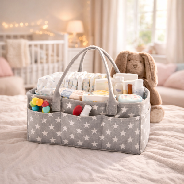 Grey Star Baby Diaper Caddy Organizer – Cotton Canvas Nursery Storage Basket with Handles | Portable Changing Table Organizer