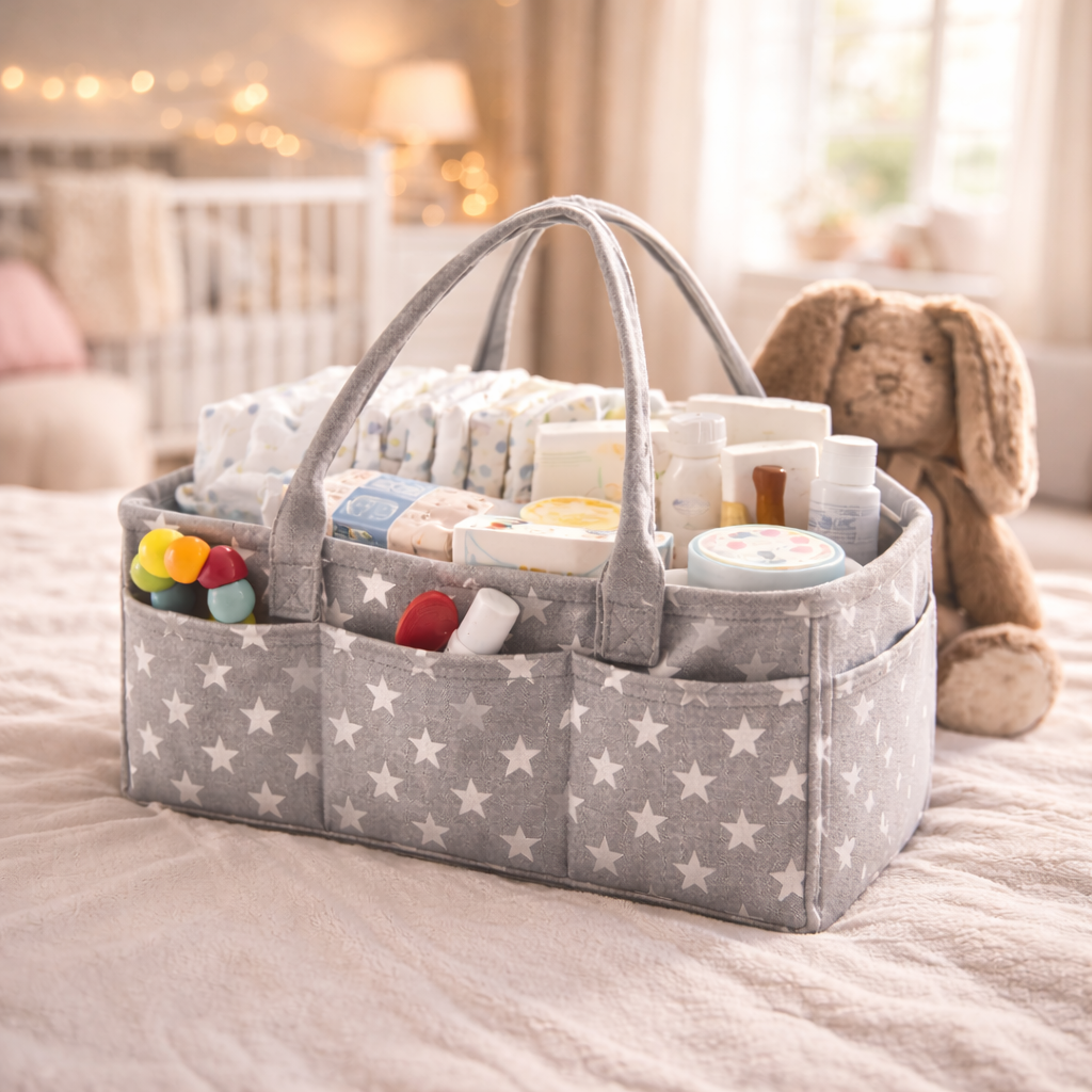 Grey Star Baby Diaper Caddy Organizer – Cotton Canvas Nursery Storage Basket with Handles | Portable Changing Table Organizer