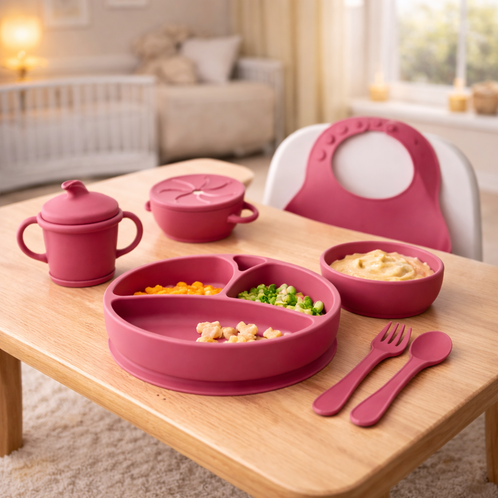 Premium Silicone Baby Feeding Set – Suction Plate, Bowl, Bib & Toddler Utensils | Baby Led Weaning Essentials (BPA Free)