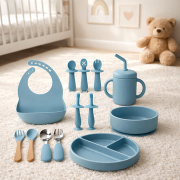 13-Piece Silicone Baby Feeding Set with Suction Plate & Bowl – BPA Free Toddler Self Feeding Essentials (Blue)