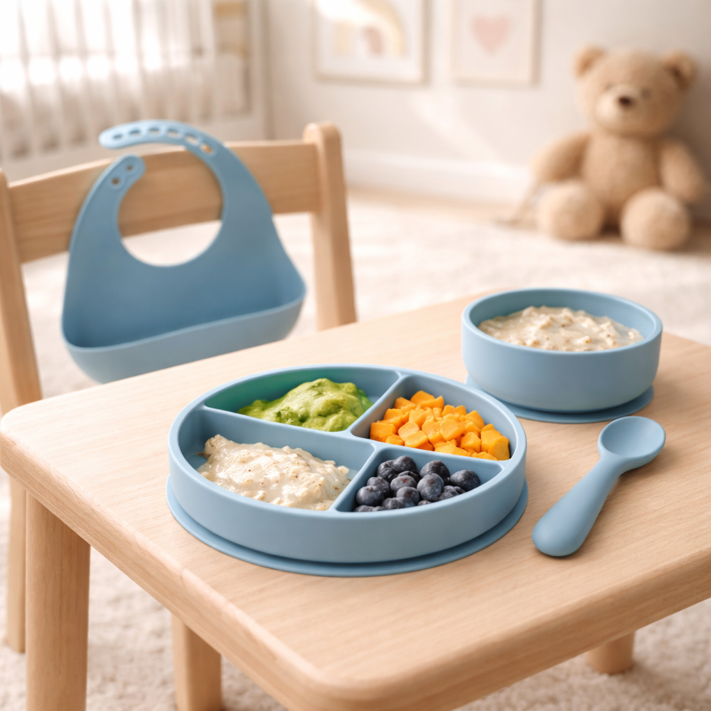 13-Piece Silicone Baby Feeding Set with Suction Plate & Bowl – BPA Free Toddler Self Feeding Essentials (Blue)