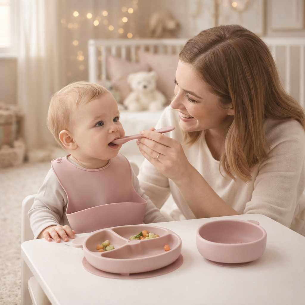 6-Piece Silicone Baby Feeding Set with Suction Plate & Bowl – BPA Free Toddler Self Feeding Essentials (Pink)