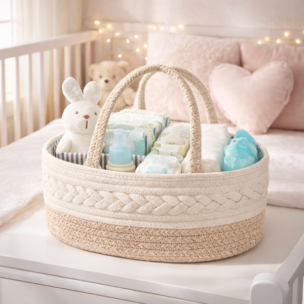 Maliton Cotton Rope Diaper Caddy Organizer – Portable Baby Storage Basket with Removable Divider | Nursery & Baby Shower Gift