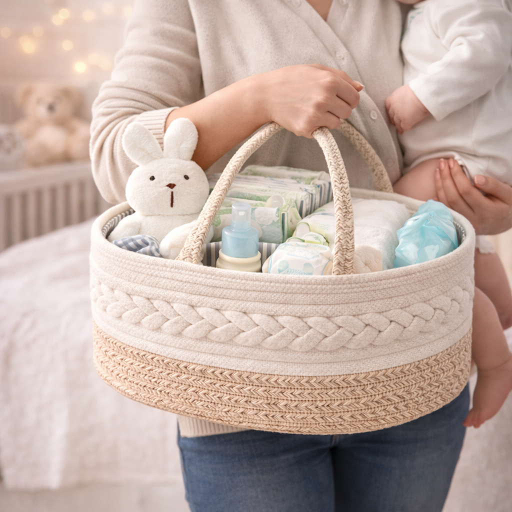 Maliton Cotton Rope Diaper Caddy Organizer – Portable Baby Storage Basket with Removable Divider | Nursery & Baby Shower Gift