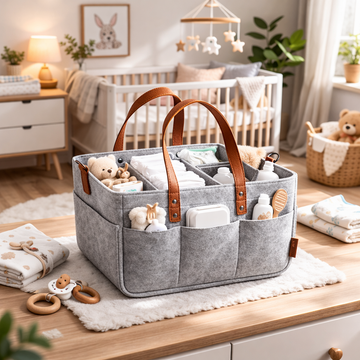 Premium Felt Diaper Caddy Organizer with Leather Handles – Portable Nursery Storage Basket for Baby Essentials