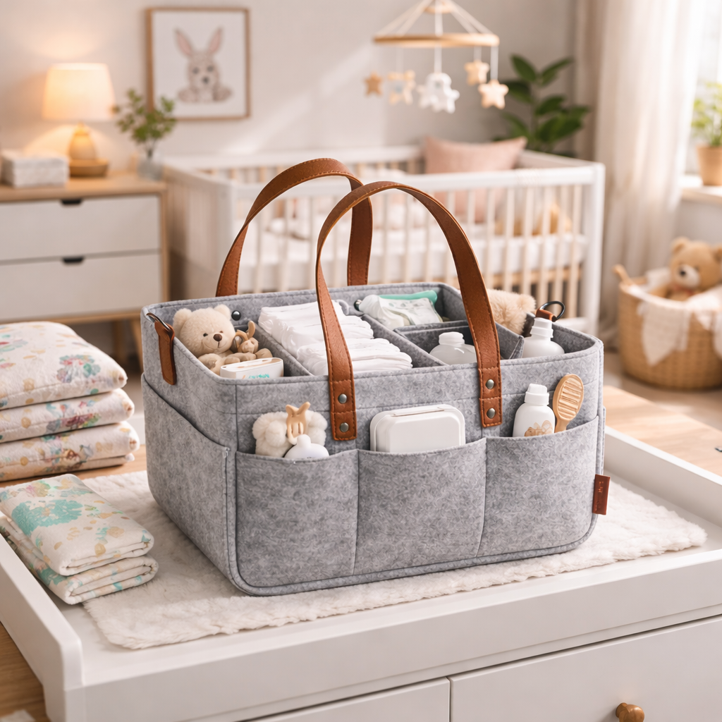 Premium Felt Diaper Caddy Organizer with Leather Handles – Portable Nursery Storage Basket for Baby Essentials
