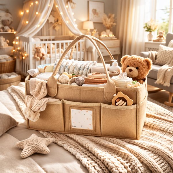Luxury XL Baby Diaper Caddy Organizer – Felt Nursery Storage Basket with Personalized Pocket | Portable Changing Table Organizer