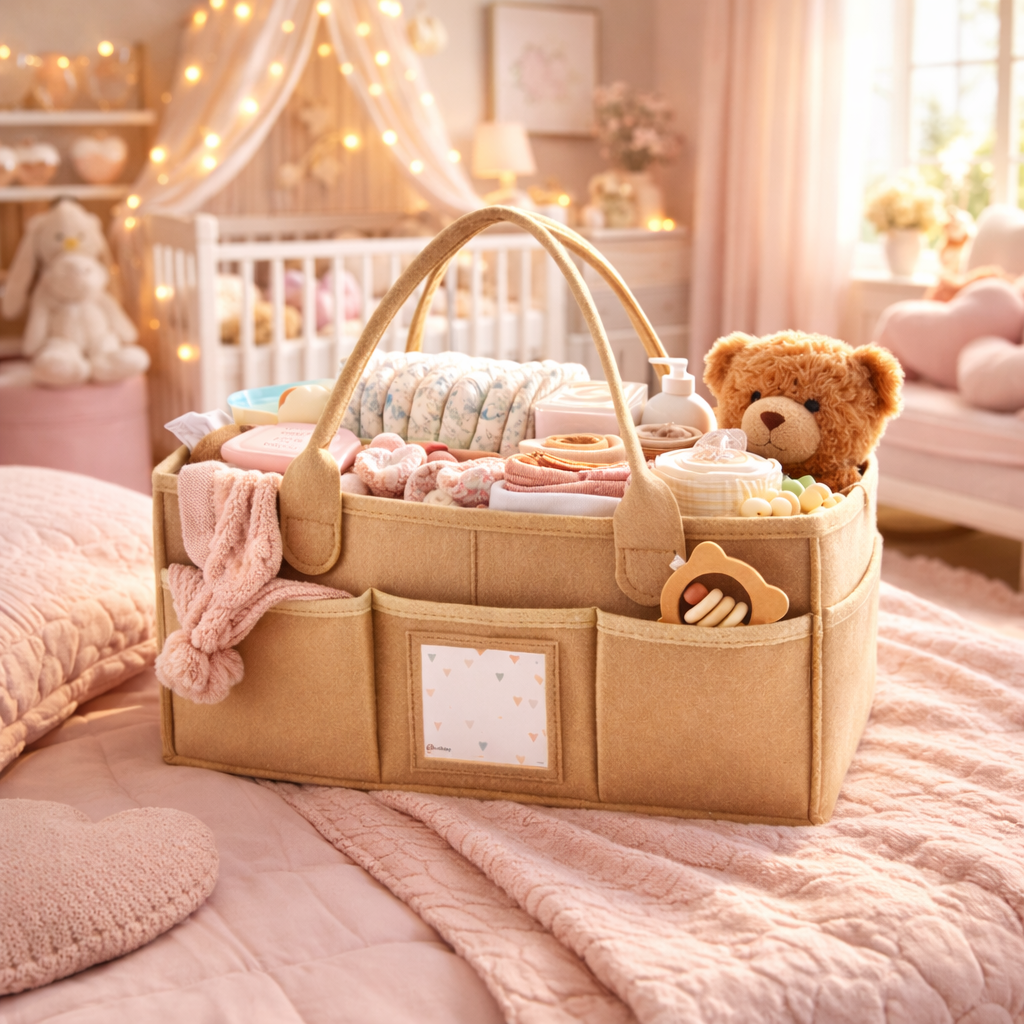 Luxury XL Baby Diaper Caddy Organizer – Felt Nursery Storage Basket with Personalized Pocket | Portable Changing Table Organizer