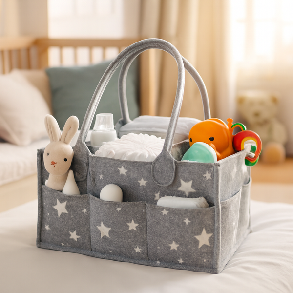 Grey Star Baby Diaper Caddy Organizer – Portable Felt Nursery Storage Basket with Handles | Newborn Changing Table Organizer