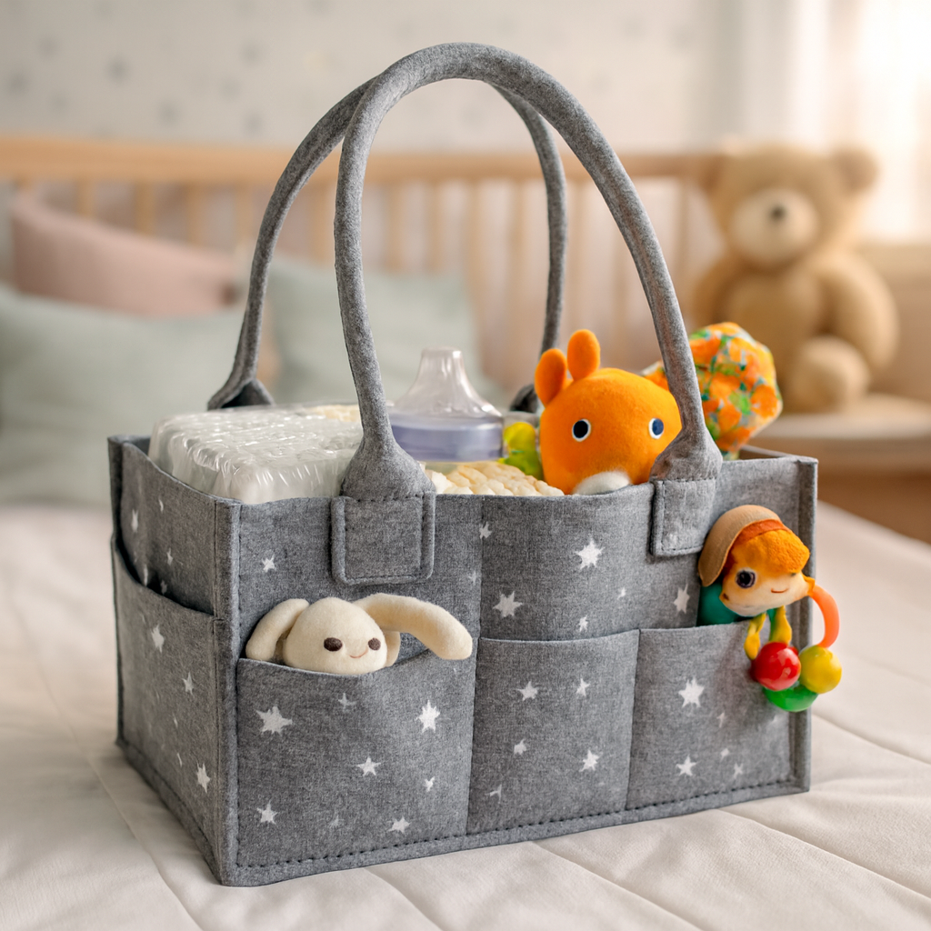Grey Star Baby Diaper Caddy Organizer – Portable Felt Nursery Storage Basket with Handles | Newborn Changing Table Organizer